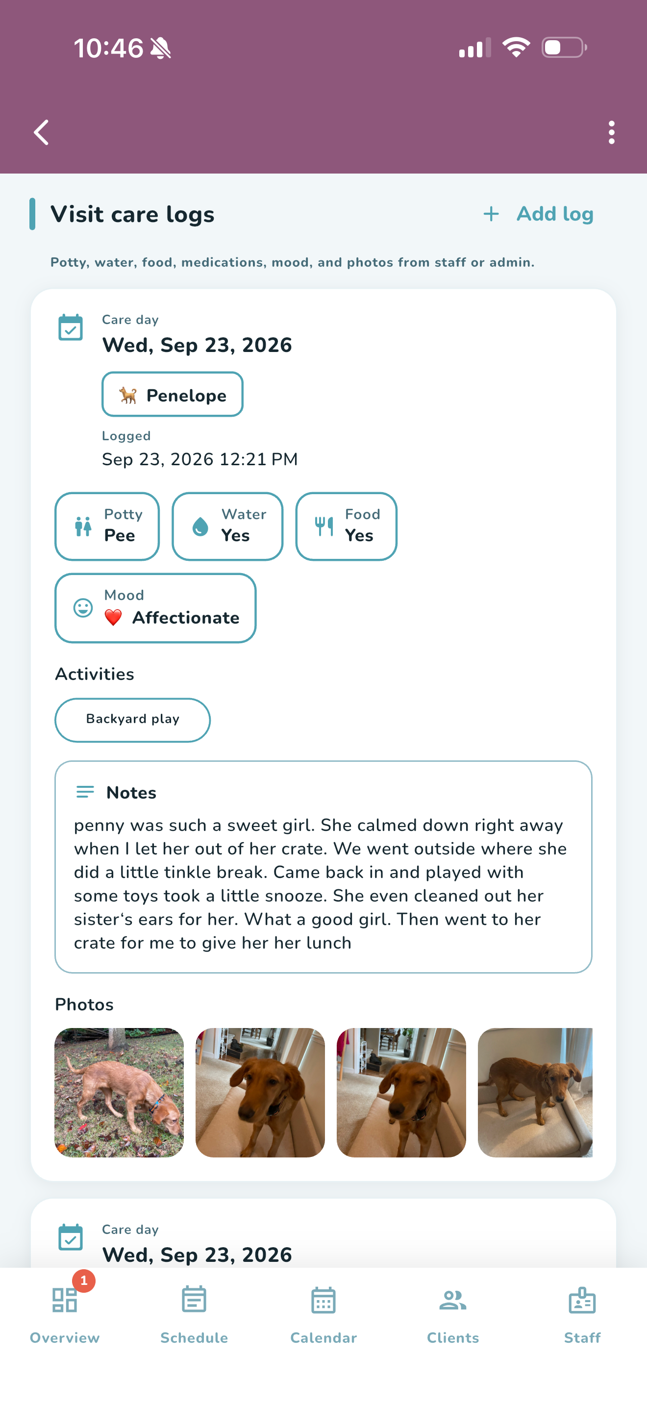 RoxyReserve care log with visit details and photos