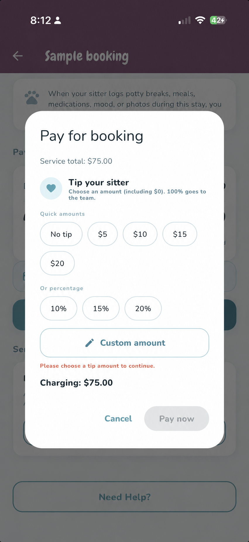 RoxyReserve payment screen with optional sitter tips